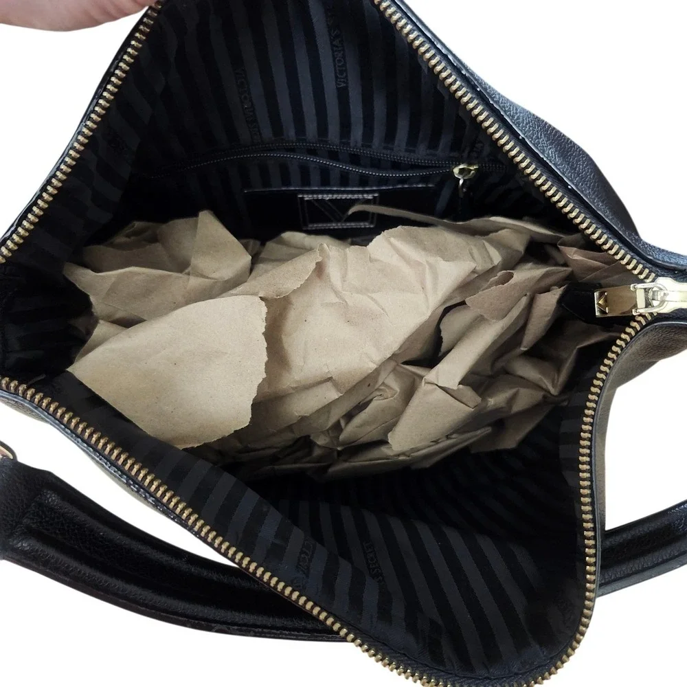 The Victoria Secret Black Pebbled Faux Leather Hobo Shoulder Bag Satchel Tote